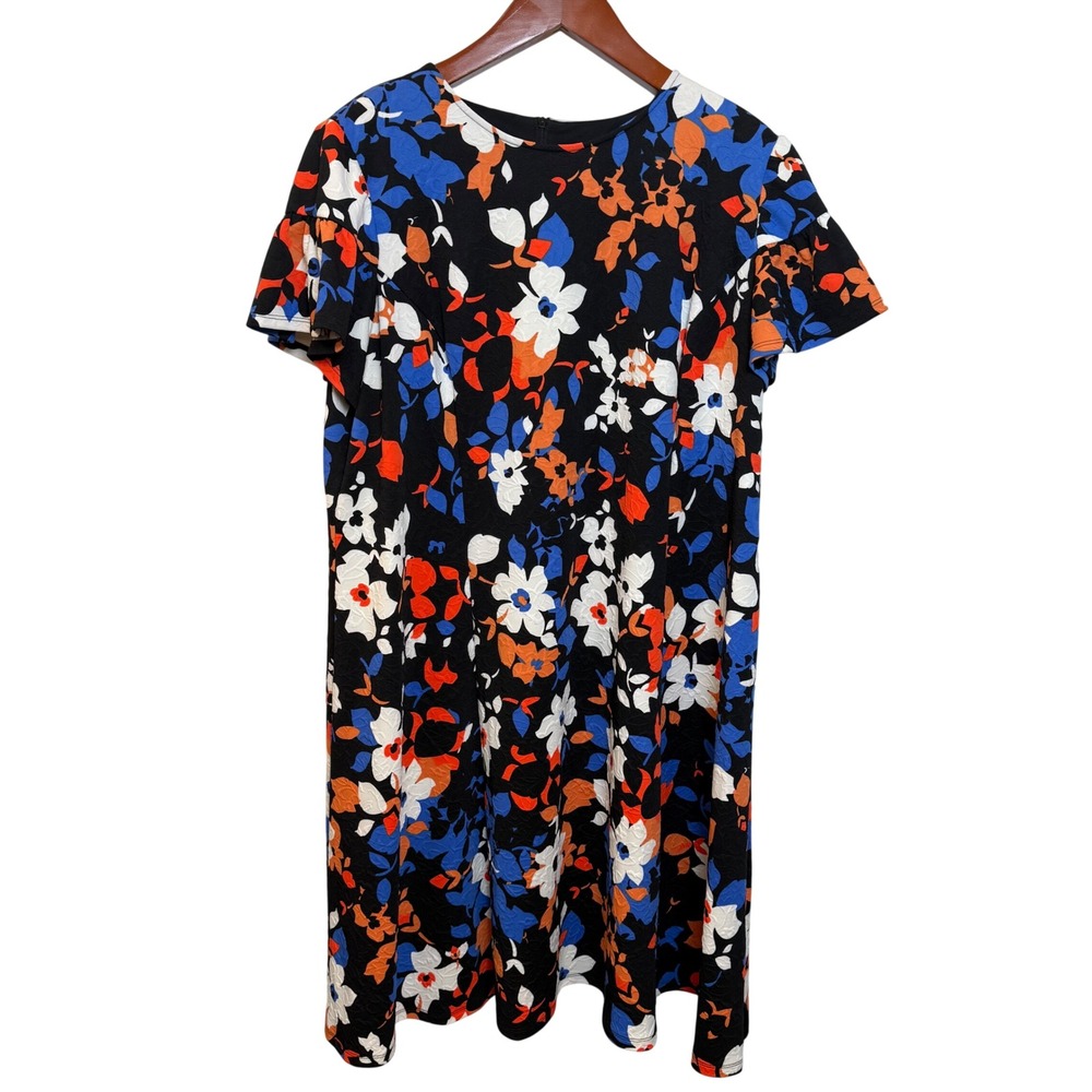 London Times Dress 22W Black Floral Fit Flare Midi Flutter Sleeve Officers Chic